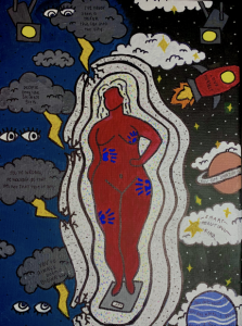A body surrounded by a night sky on one side and thunderclouds on the other.
