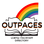 OutPages logo: an open book and rainbow