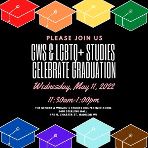 Flyer with a rainbow array of mortarboards: GWS and LGBTQ+ Studies celebrate graduation, Wednesday, May 11, 2022, 11:30 am to 1 pm, GWS Conference Room (3401 Sterling Hall)