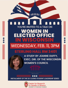 Flyer invitation. States: "You're invited to a talk on 'Women in Elected Office in Wisconsin', Wednesday, Feb. 11, 3PM, Sterling Hall Rm 3401, A study by Jeanne Duffy, Exec. Dir. of the Wisconsin Women's Council."