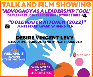 Flyer for CRGW event with Desiré Vincent Levy titled "Adovacay as a Leadership Tool". It advertises that "Coldwater Kitchen (2022)" will be watched. The background is white with two hands connecting in a blue circle.