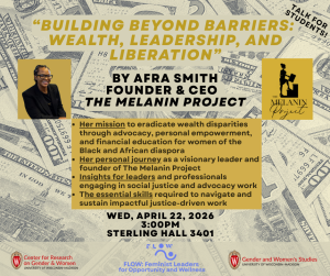 Flyer of talk by Afra Smith titled "Building Beyond Barriers: Wealth, Leadership, and Liberation". There is a photo of Afra Smith. The background is money.