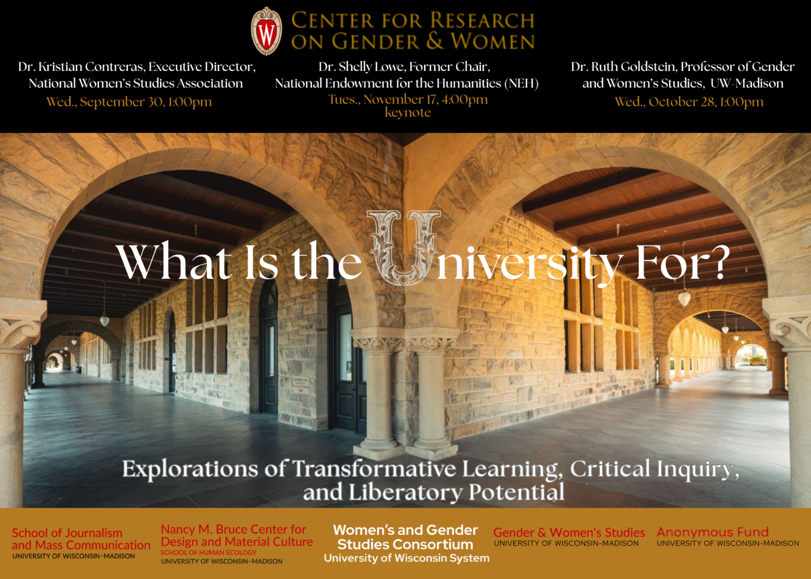 Flyer for the CRGW series "What is the University For?". Information for the next 3 events are listed. An image of a university building with stone work is in the background,