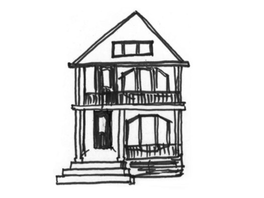 Black and white ink sketch of the original house that GWS was located in.