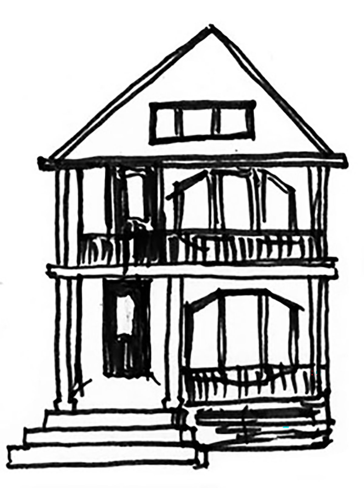 Black and white ink sketch of the first house GWS was located in.
